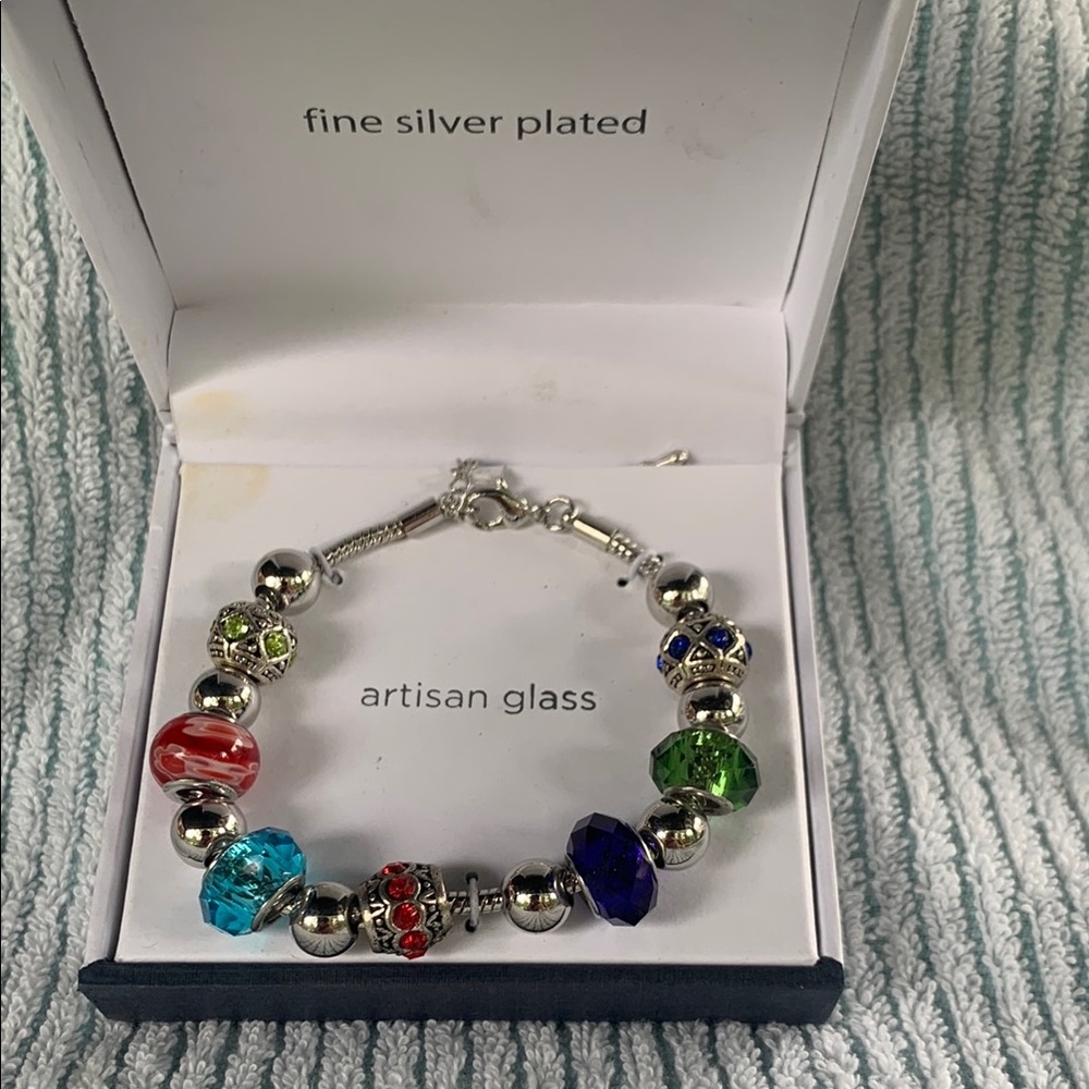 Artisan Glass Multicolor Beaded Charm Bracelet - Fine Silver Plated